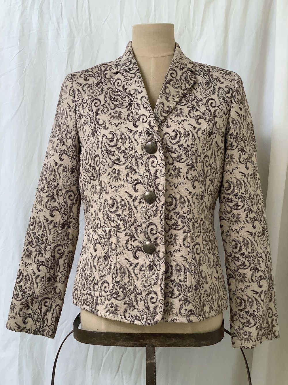 Kasper Blazer Jacket-Tan with Brown Paisley Pattern-Gold Highlights-10P-EUC